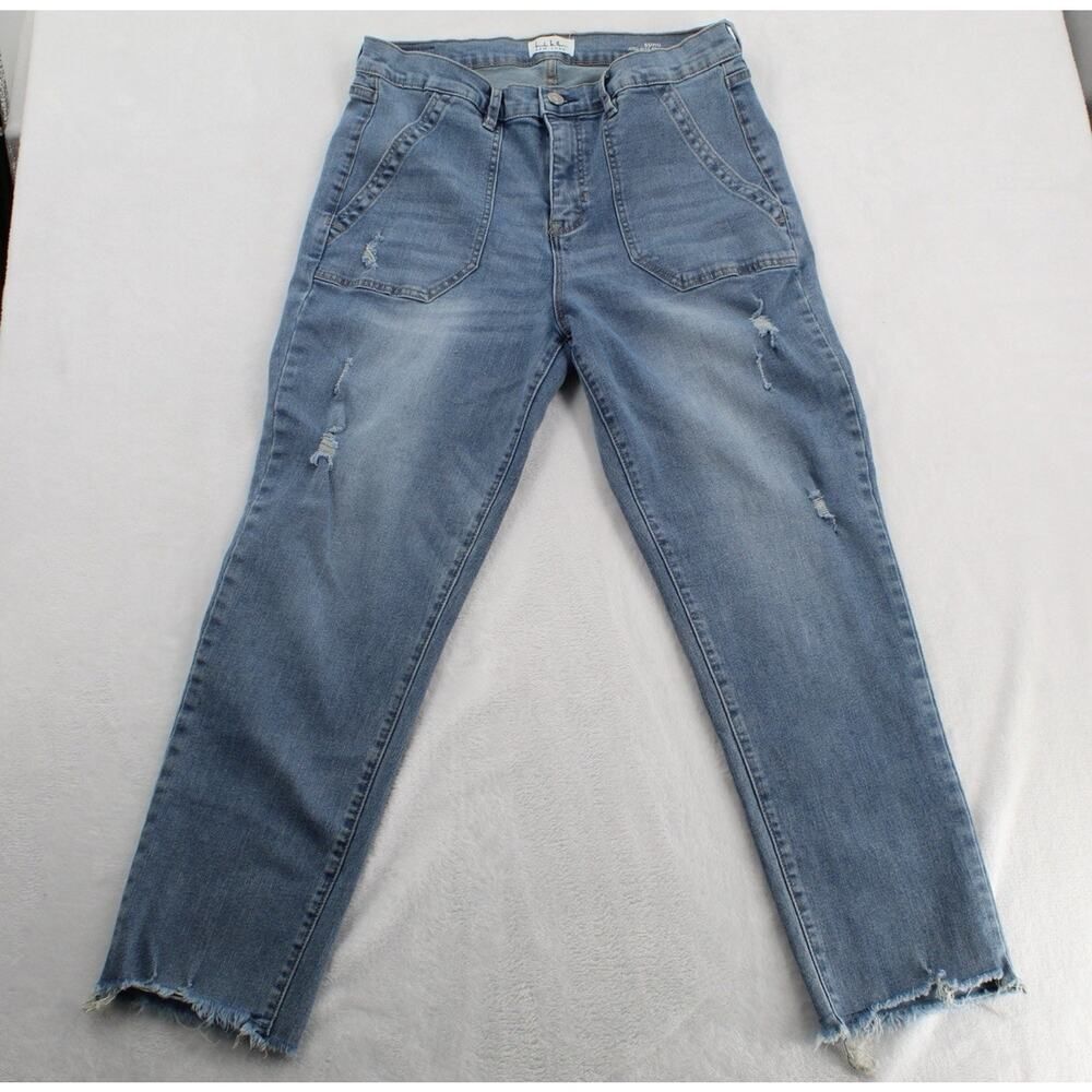 NICOLE MILLER SOHO High Rise Ankle Slim jeans Size 12, Distressed, Raw Hems